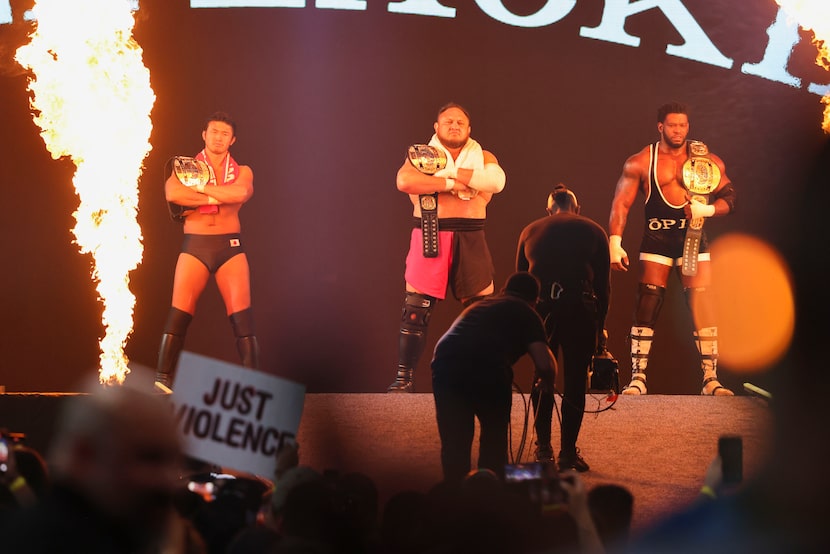 AEW Trios Champions Samoa Joe, (center), Katsuyori Shibata (left) and Powerhouse Hobbs make...