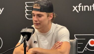 Prospect Denver Barkey is not participating on ice at the Flyers development camp as he continues to rehab a high-ankle sprain sustained in the OHL final. "It's feeling close to 100% right now," he said.
