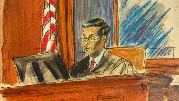 In this courtroom sketch, District Judge Arun Subramanian is shown on the bench at the hearing for Sean "Diddy" Combs, in Federal court, in New York, Thursday, Oct. 10, 2024. 