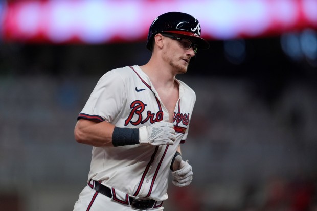 The Atlanta Braves Sean Murphy runs the bases after hitting a three-run home run in the sixth inning of a baseball game against the Angels, Wednesday, July 2, 2025, in Atlanta. (AP Photo/Mike Stewart)