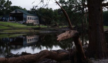 Camp Mystic stands next a creek that feeds into the Guadalupe River, Monday, July 7, 2025, in Hunt, Texas, after flash flooding swept through the area. (AP Photo/Eli Hartman)