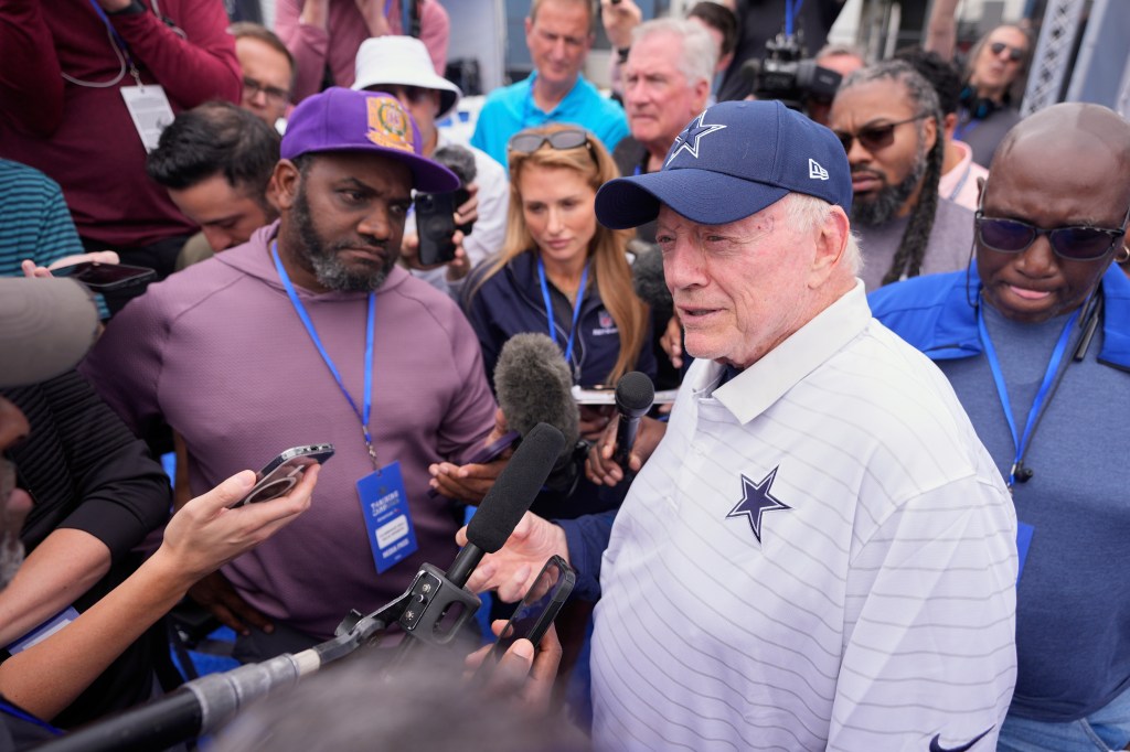 Jerry Jones, Dallas Cowboys owner, president, and general manager speaks to reporters during a news conference to open training camp Monday, July 21, 2025, in Oxnard, Calif. 