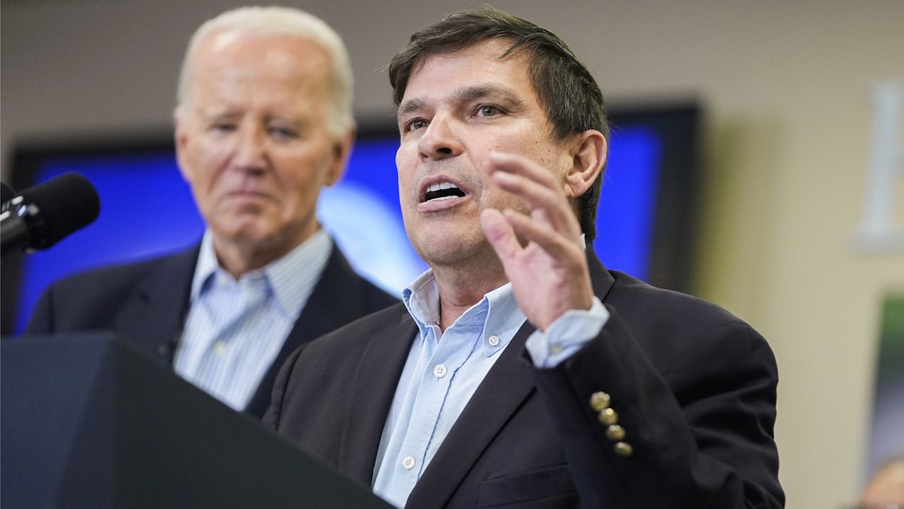 Rep. Vicente Gonzalez, D-Texas, delivers remarks during a visit to the southern border, Feb. 29, 2024, in Brownsville, Texas, as President Joe Biden, looks on. (AP Photo/Evan Vucci, File)