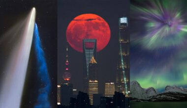 A composite image showing a bright comet in a starry sky, a large red moon rising behind city skyscrapers, and vivid green and purple auroras above snowy mountains.