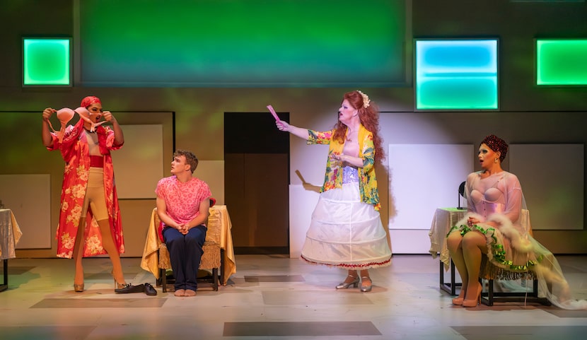 Jamie New (Henry Cawood, seated) visits his drag queen friends played by Jacob Hemsath, Doug...