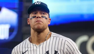 New York Yankees right fielder Aaron Judge (99) runs in from the outfield after the top of the fourth inning against the Philadelphia Phillies at Yankee Stadium.