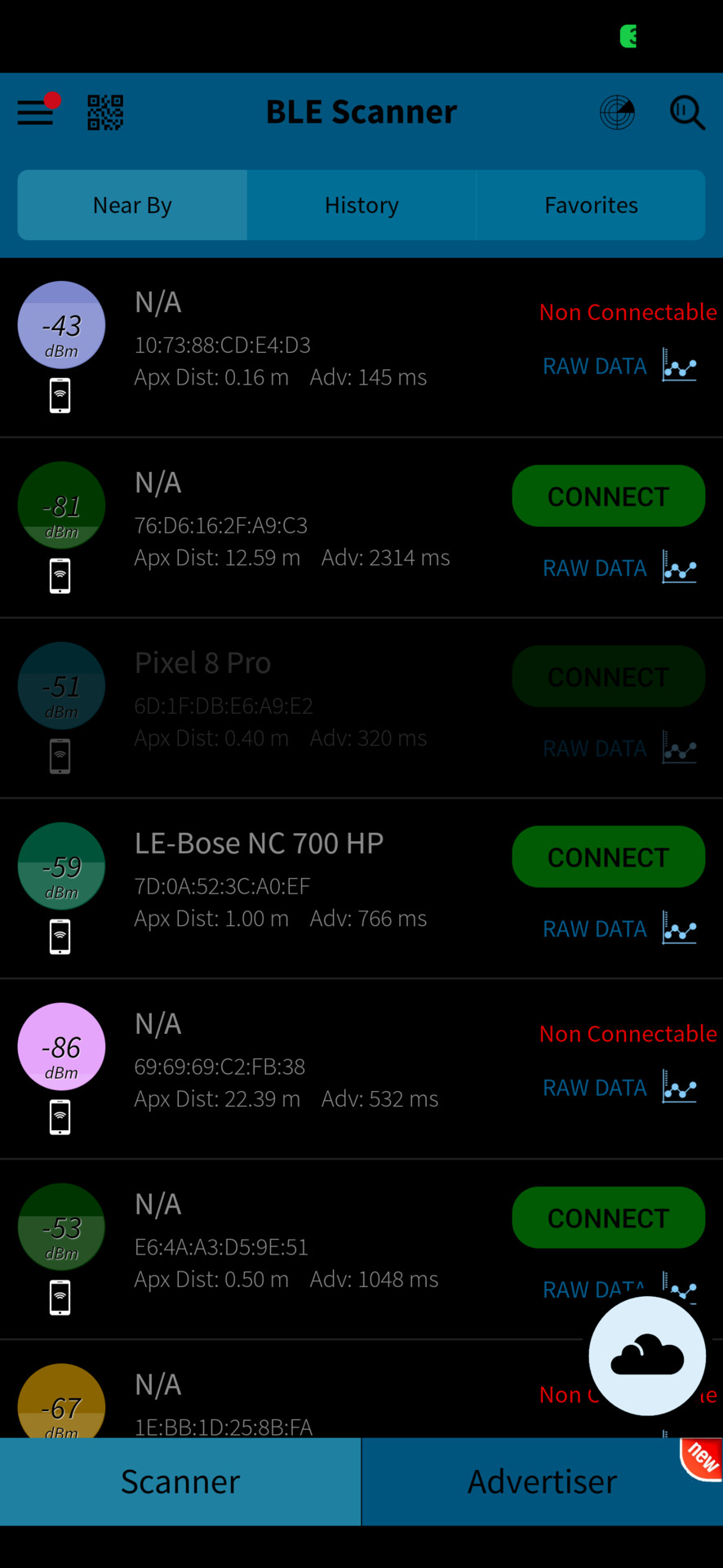 BLE Scanner app in forced dark theme scale
