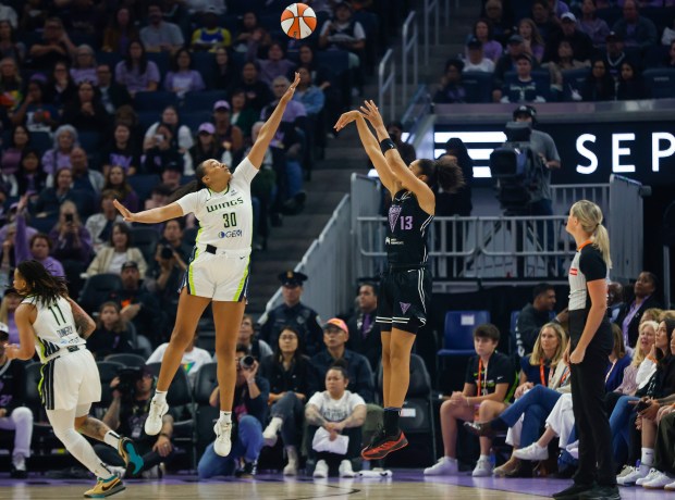 Valkyries' Janelle Salaün (13) takes a shot against Dallas Wings' Haley Jones (30), a Santa Cruz native, in the first quarter at the Chase Center in San Francisco, Calif., on Friday, July 25, 2025. (Shae Hammond/Bay Area News Group)