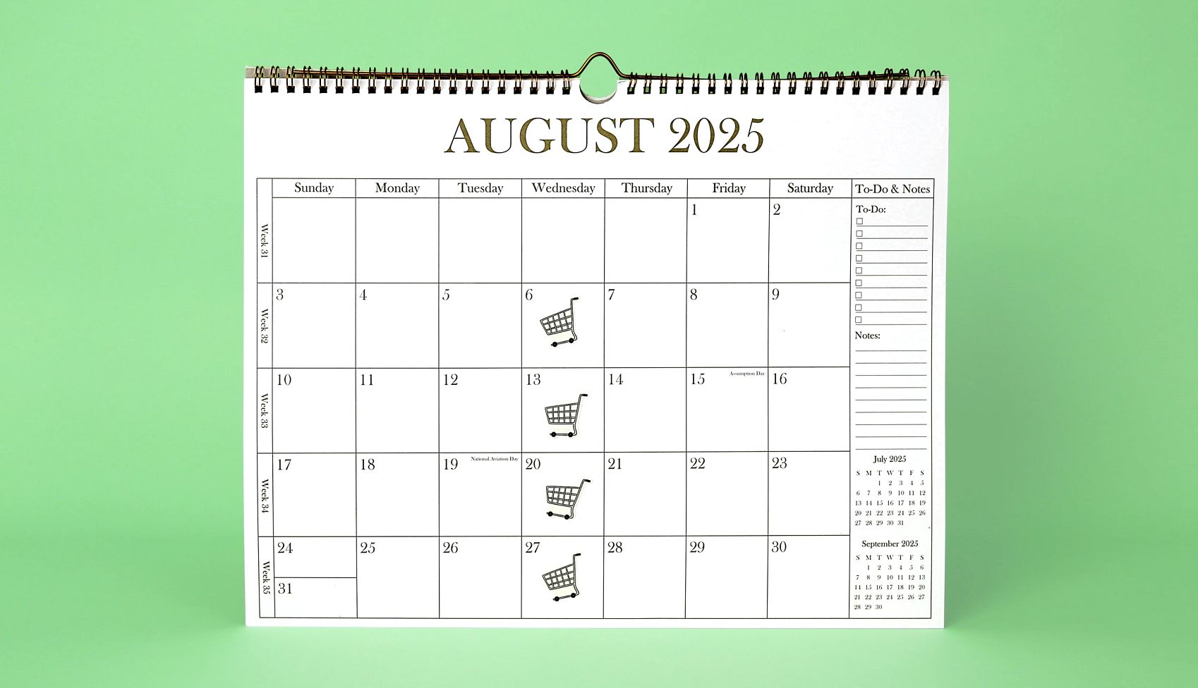 a monthly calendar with a shopping cart pictured on every wednesday