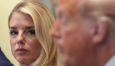 Attorney General Pam Bondi, left, listens as President Donald Trump, right, speaks during a cabinet meeting at the White House on Tuesday, July 8, 2025. (AP Photo/Evan Vucci)