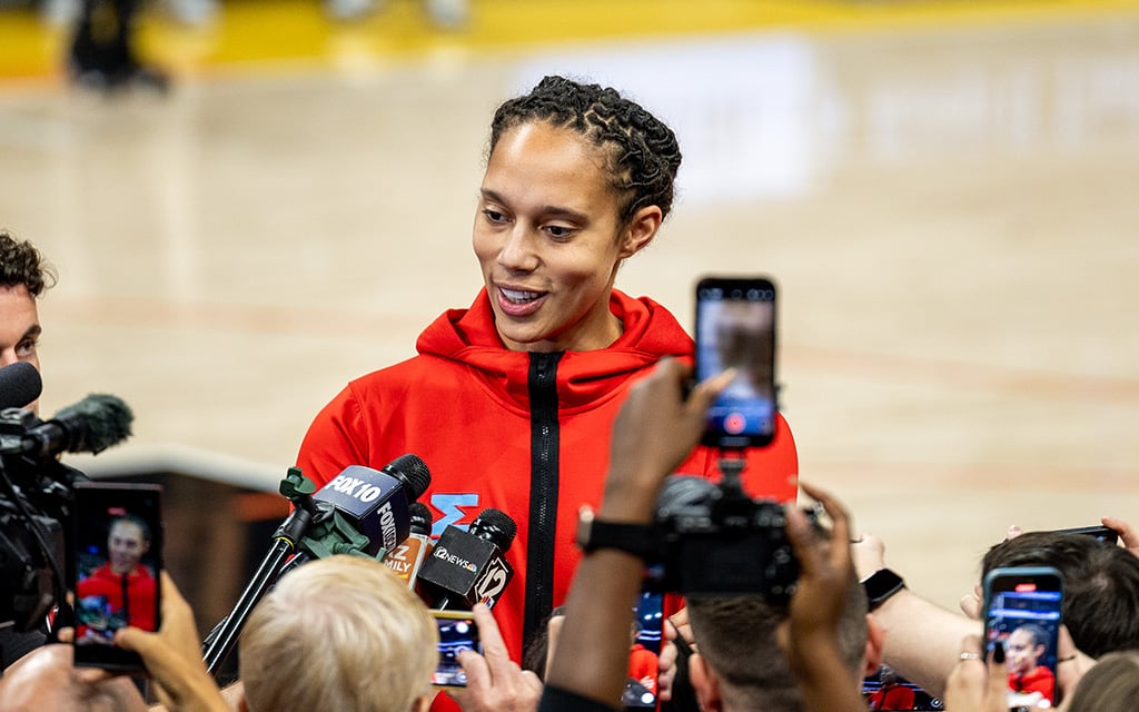 Brittney Griner addresses the media in her return to Phoenix.