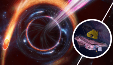 An illustration of a large black circle with a pink jet coming out of it. Around the circle is an orange streak of light. An inset in the image shows an illustration of the James Webb Space Telescope.