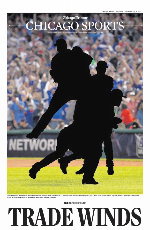 Anthony Rizzo, Kris Bryant and Javier Baez three core members of the 2016 Chicago Cubs World Series team and featured in this iconic photograph from Game 7 were sent to other teams before Major League Baseball's trade deadline in July 2021. (Chicago Tribune)