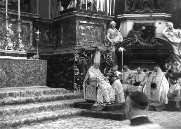 Cardinal George W. Mundelein, then archbishop of Chicago, sits at the throne in historic St. Peter's Basilica in Vatican City during the beatification ceremonies for Mother Frances Xavier Cabrini on Nov. 13, 1938. (ACME)
