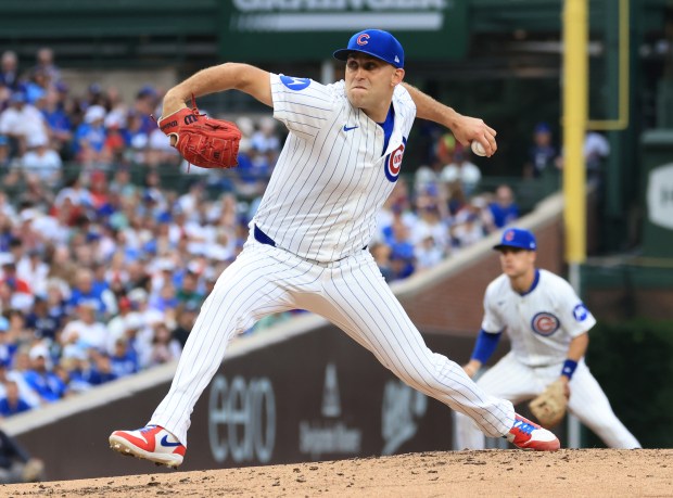 Cubs starting pitcher Matthew Boyd throws in the second inning against the Cardinals at Wrigley Field on July 6, 2025, in Chicago. (John J. Kim/Chicago Tribune)