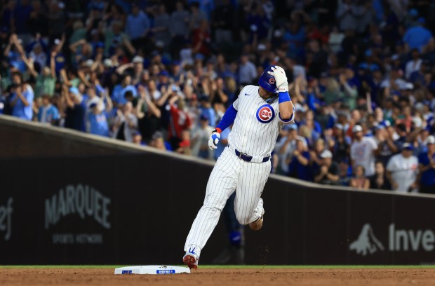 Cubs designated hitter Seiya Suzuki rounds the bases after hitting a home run in the fifth inning against the Cardinals at Wrigley Field on July 6, 2025, in Chicago. (John J. Kim/Chicago Tribune)