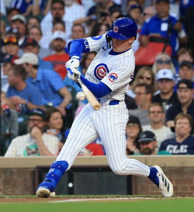 Cubs center fielder Pete Crow-Armstrong fouls off a pitch in the fourth inning against the Guardians at Wrigley Field on July 3, 2025, in Chicago. (John J. Kim/Chicago Tribune)