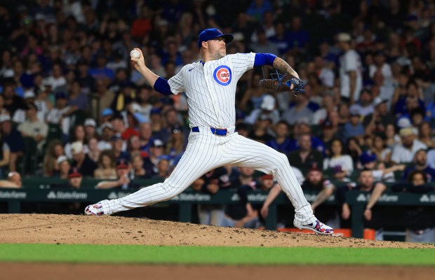Cubs pitcher Ryan Pressly throws in the ninth inning against the Guardians at Wrigley Field on July 3, 2025, in Chicago. (John J. Kim/Chicago Tribune)