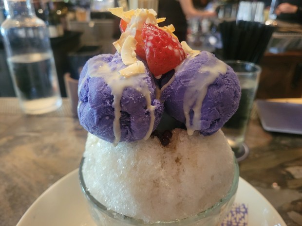 The Sunda Sundae, featuring shaved ice, ube ice cream and assorted toppings, at Sunda Fulton Market on July 5, 2025. (Kayla Samoy/Chicago Tribune)