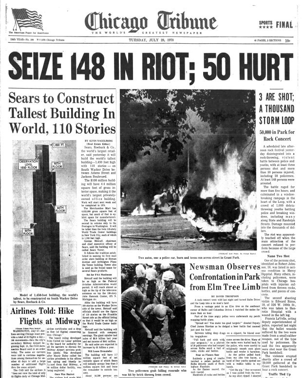 More than 50,000 people gathered in Grant Park for a Sly and the Family Stone concert on July 27, 1970, when it devolved into a five-hour riot. Several people were shot, and many police officers and young people were hurt. At least 148 people were arrested. The band apparently refused to play due to the larger-than-expected crowd, which sparked the riot. (Chicago Tribune)