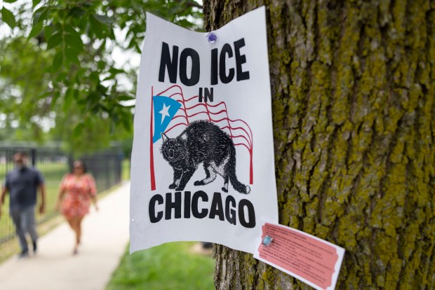 A sign reads "No ICE in Chicago" on Sunday, July 13, 2025, in Humboldt Park. (Brian Cassella/Chicago Tribune)
