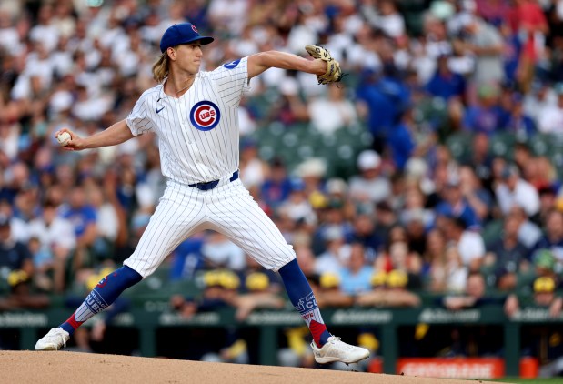 Chicago Cubs starting pitcher Ben Brown delivers to the Milwaukee Brewers in the first inning of a game at Wrigley Field in Chicago on June 17, 2025. (Chris Sweda/Chicago Tribune)