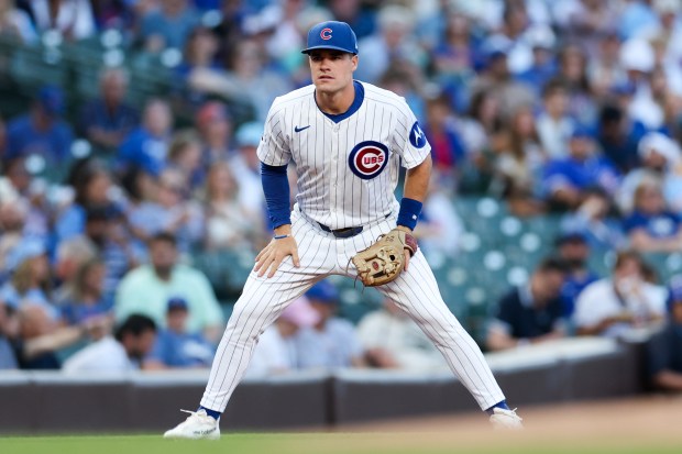 The Cubs' Matt Shaw stands at third base during the first inning against the Guardians on Tuesday, July 1, 2025, at Wrigley Field. (Armando L. Sanchez/Chicago Tribune)