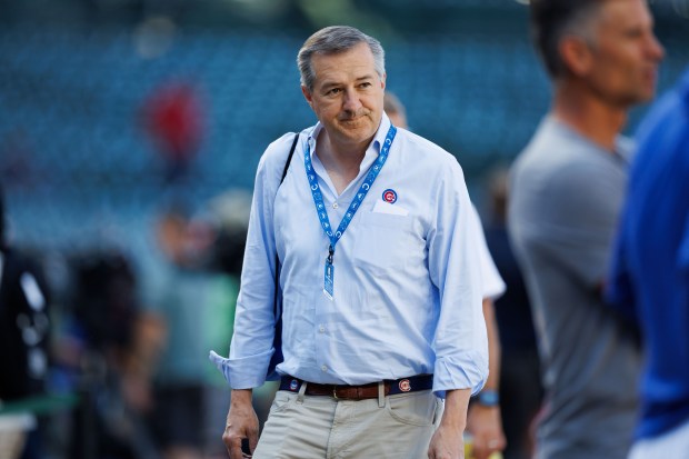 Cubs Chairman Tom Ricketts walks on the field before a game against the Guardians on Tuesday, July 1, 2025, at Wrigley Field. (Armando L. Sanchez/Chicago Tribune)