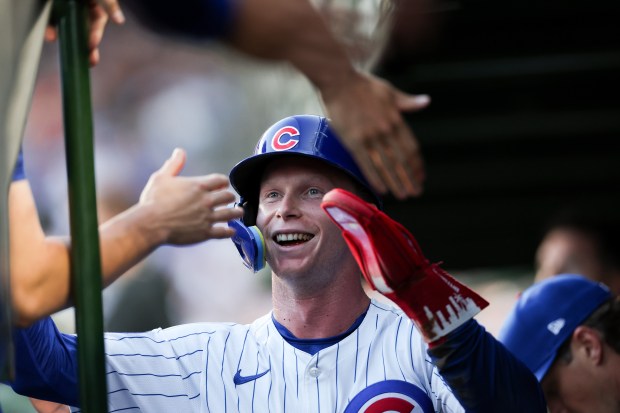 Cubs center fielder Pete Crow-Armstrong celebrates after scoring on an RBI single by first baseman Michael Busch during the second inning against the Guardians on Tuesday, July 1, 2025, at Wrigley Field. (Armando L. Sanchez/Chicago Tribune)