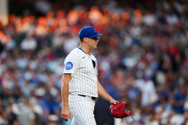 Cubs pitcher Matthew Boyd walks to the dugout after pitching the fourth inning against the Guardians on Tuesday, July 1, 2025, at Wrigley Field. (Armando L. Sanchez/Chicago Tribune)