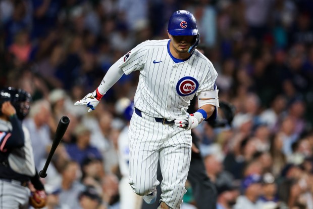 Cubs designated hitter Seiya Suzuki drops his bat after hitting a solo homer during the sixth inning against the Guardians on Tuesday, July 1, 2025, at Wrigley Field. (Armando L. Sanchez/Chicago Tribune)