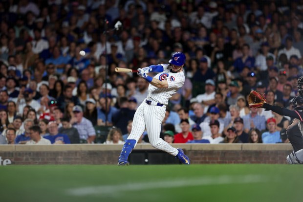 Cubs right fielder Kyle Tucker singles in the seventh inning against the Guardians on Tuesday, July 1, 2025, at Wrigley Field. (Armando L. Sanchez/Chicago Tribune)