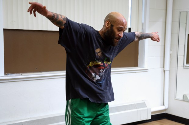 Tap dancer Jumaane Taylor, artistic director for Chicago Human Rhythm Project, rehearses at Mayfair Arts Center in Chicago on July 11, 2025, for an upcoming performance. (Terrence Antonio James/Chicago Tribune)