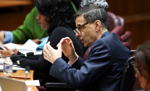 Ald. Nick Sposato, 38th, speaks Feb. 4, 2025, at Chicago City Hall. (Eileen T. Meslar/Chicago Tribune)