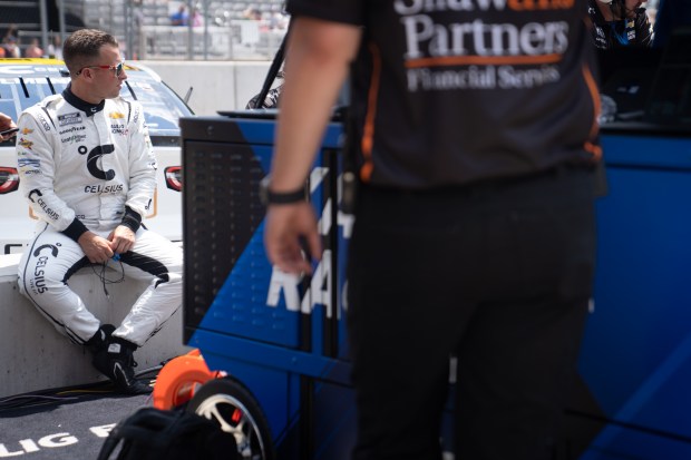 AJ Allmendinger (16) rests in the pit stop during the...