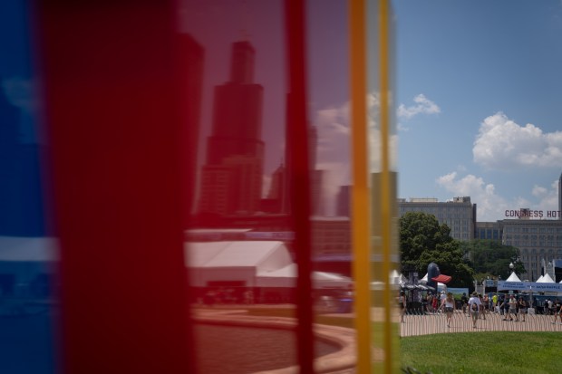 The Chicago skyline is reflected in the NASCAR logo in...
