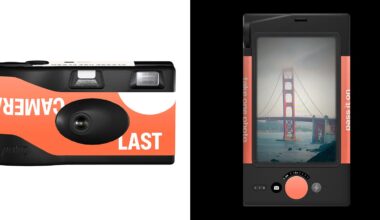 Side-by-side images: on the left, a black and orange camera labeled "CAMERA LAST"; on the right, the back view displays a photo of the Golden Gate Bridge with controls below the screen.