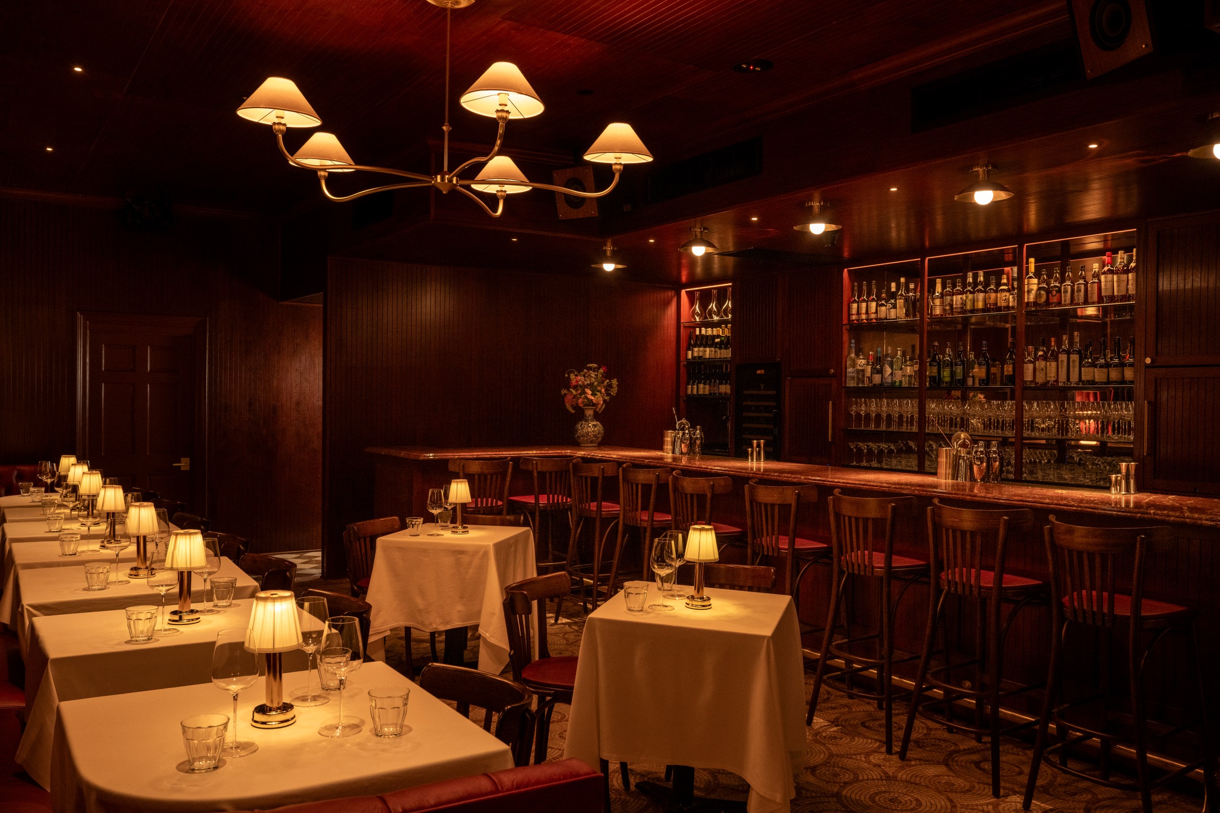 A darkly lit bar.