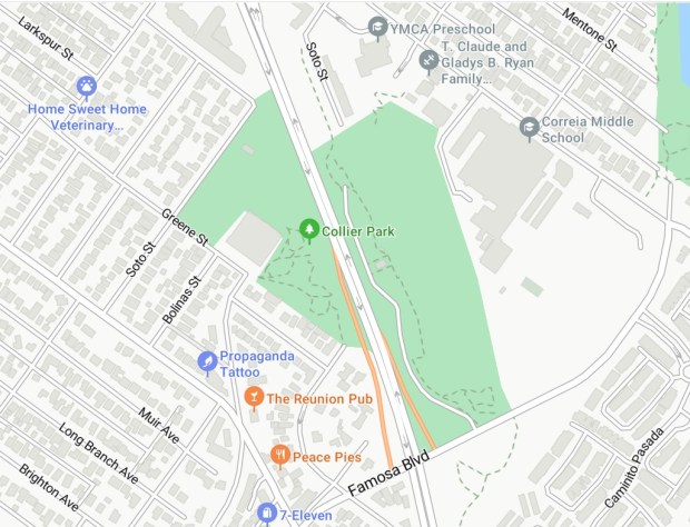 Collier Park at 2351 Soto St. neighbors the Ocean Beach Community Garden, Greencliff Apartments and dozens of other homes. (Bing Maps and Point Loma-OB Monthly)