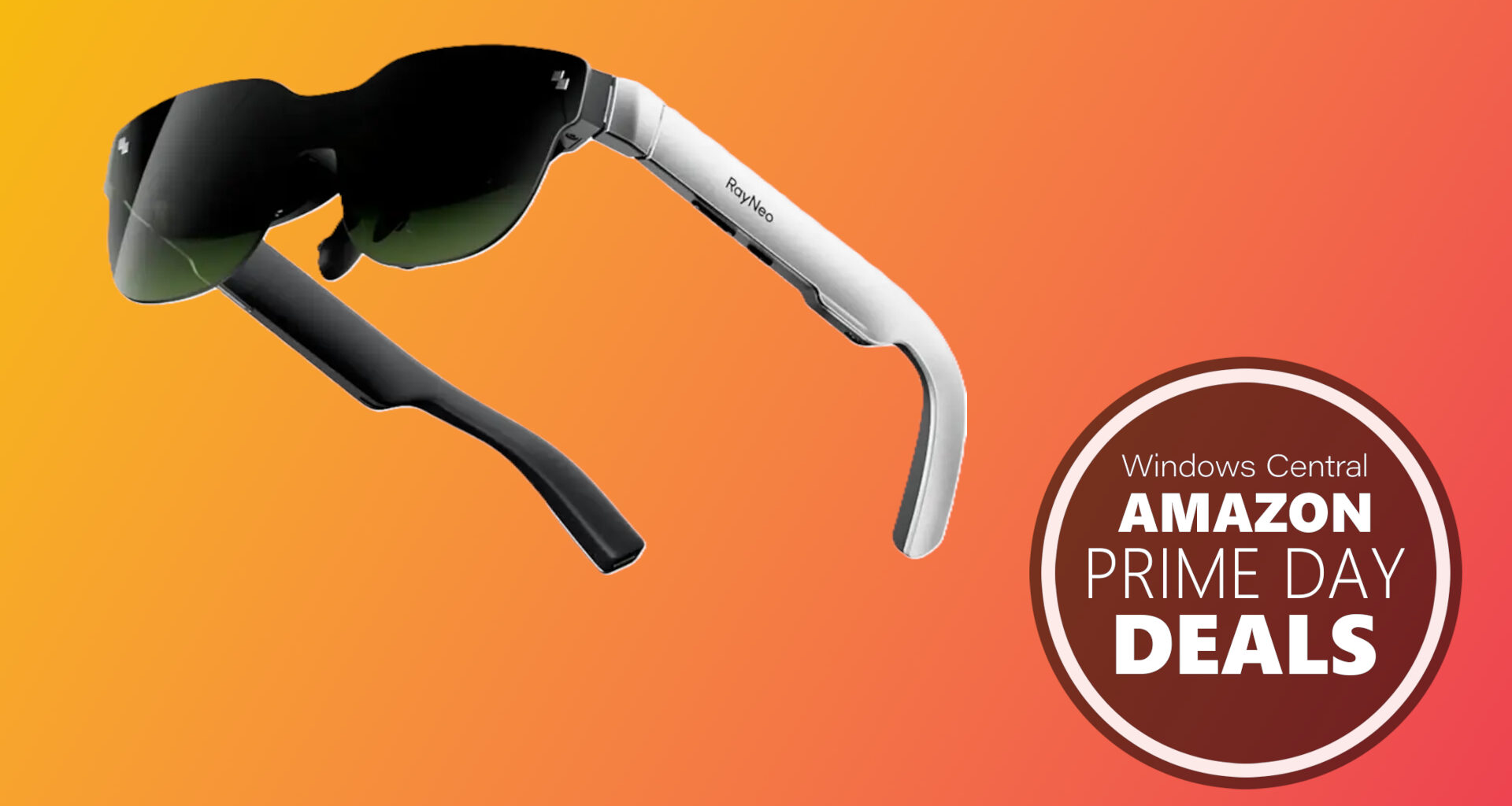RayNeo Air 3s AR glasses on a gradient background with an Amazon Prime Day deals logo.
