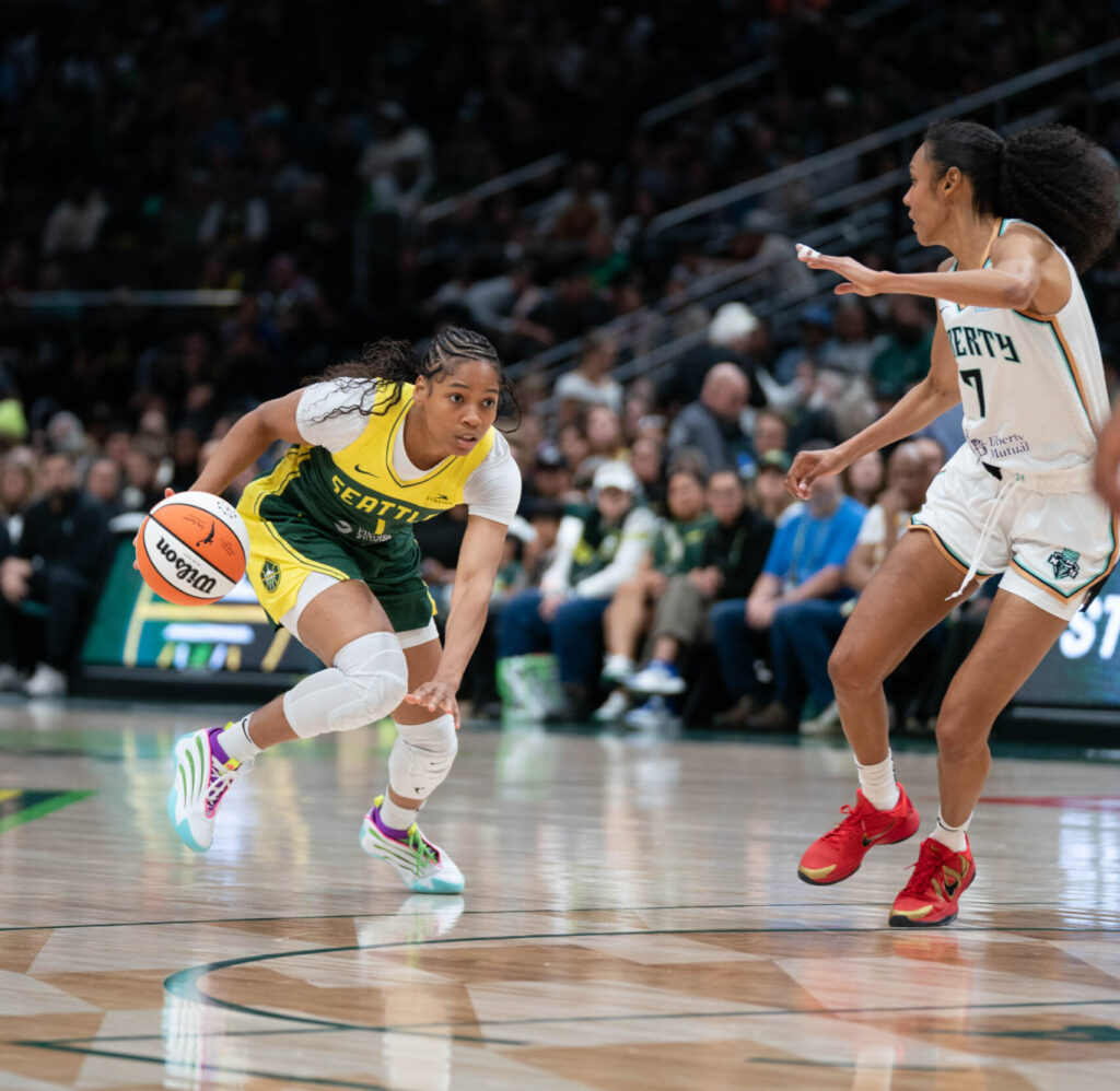 Seattle Storm guard Zia Cooke drives to the basket against a New York Liberty defender in a game on June 22, 2025 at Climate Pledge Arena in Seattle, Wash.