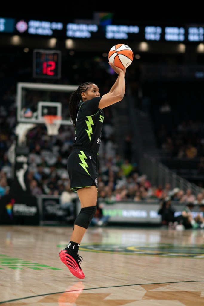Seattle Storm guard Zia Cooke takes a three point shot against the Connecticut Sun on June 27, 2025, at Climate Pledge Arena in Seattle, Wash.