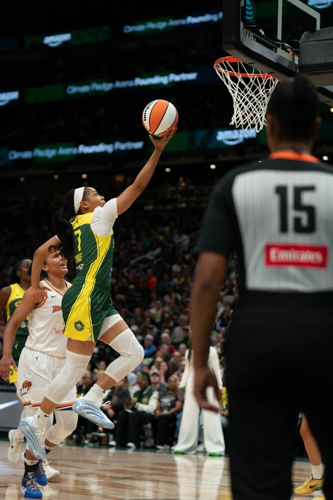 Seattle Storm guard Zia Cooke goes up for a layup against the Phoenix Mercury on May 23, 2025 at Climate Pledge Arena in Seattle, Wash.