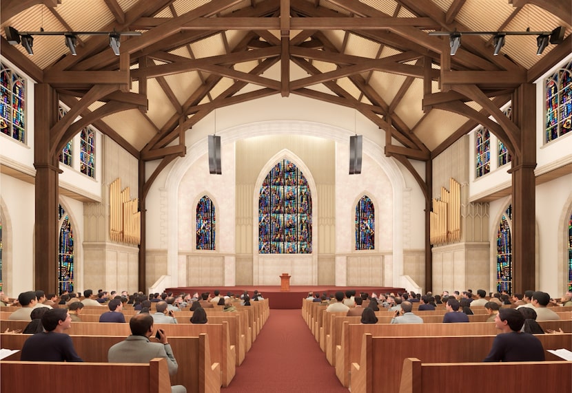 A new rendering released by First Baptist shows plans for the reconstructed interior of the...