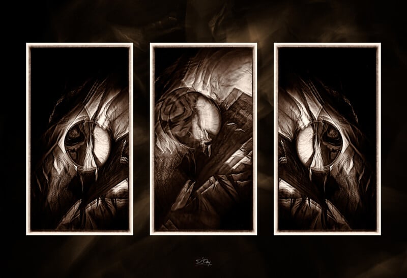 Sepia-toned abstract triptych featuring three panels with swirling, textured shapes resembling cloaked figures or hoods in shadow, framed in white against a dark background.