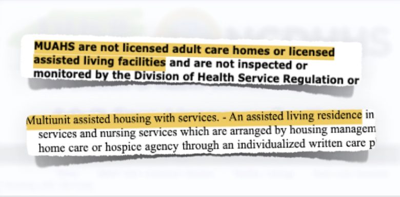 Text on the N.C. Division of Health Service Regulation’s website, top, notes that MUAHS houses are not licensed assisted living facilities, but state law defines them as assisted living.