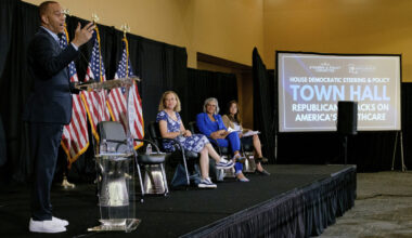 House Minority Leader Hakeem Jeffries leads a health care town hall with U.S. Rep Troy Carter, D-La...