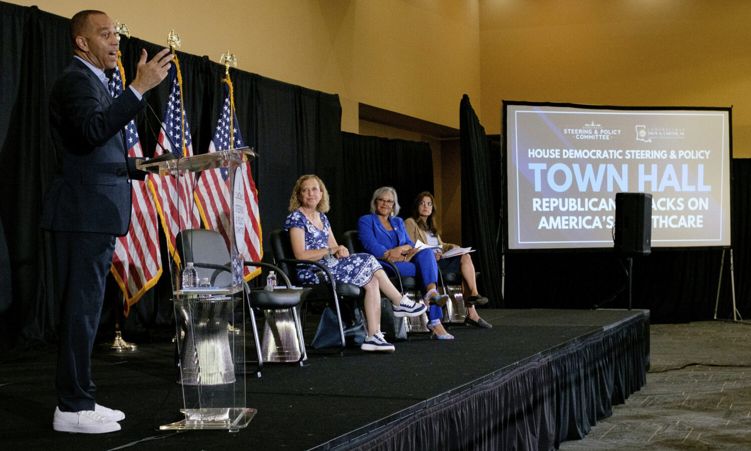 House Minority Leader Hakeem Jeffries leads a health care town hall with U.S. Rep Troy Carter, D-La...