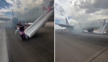 American Airlines flight at Denver airport engulfed in smoke, flames — forcing passengers to flee via emergency slide: video