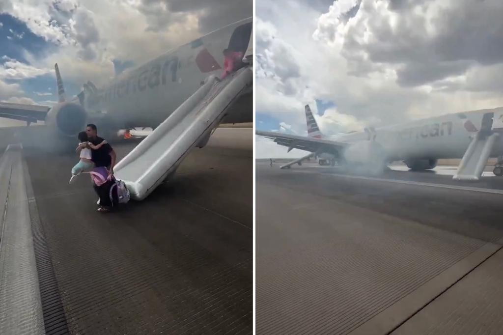 American Airlines flight at Denver airport engulfed in smoke, flames — forcing passengers to flee via emergency slide: video